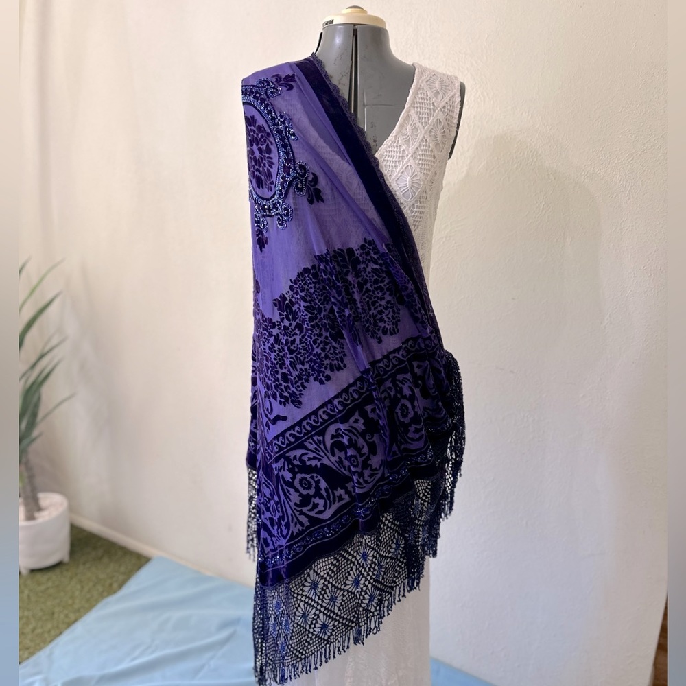 Purple Beaded Shawl. Burn-out velvet and beads. Triangular 74x41” + 7” fringe.